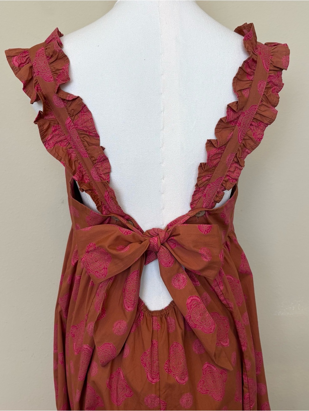 Free People Katya Printed Jumpsuit Boho Wide Leg Ruffle Strap Back Bow Tie - Picture 5 of 9